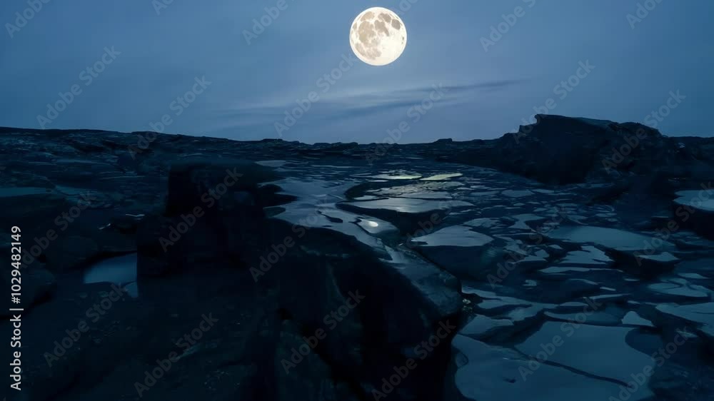 Poster Full moon is illuminating a rocky coastline at night, creating a mystical and serene atmosphere. The moon's reflection is shimmering on the water that has collected in the crevices of the rocks