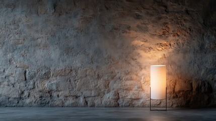 A floor lamp stands against a textured stone wall, creating an inviting atmosphere perfect for modern interior design with its soft and warm lighting.