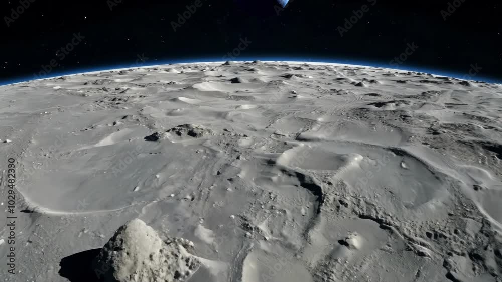 Poster desolate yet beautiful landscape is shown as a spacecraft approaches the surface of the moon, with t