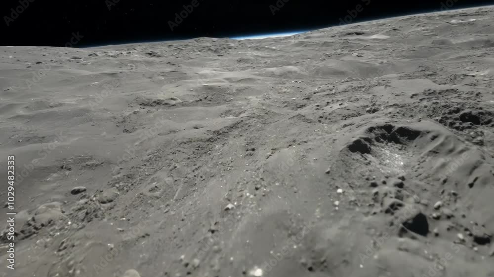 Poster Spacecraft is approaching the surface of the moon, providing a stunning view of the desolate, cratered landscape and the curvature of the horizon