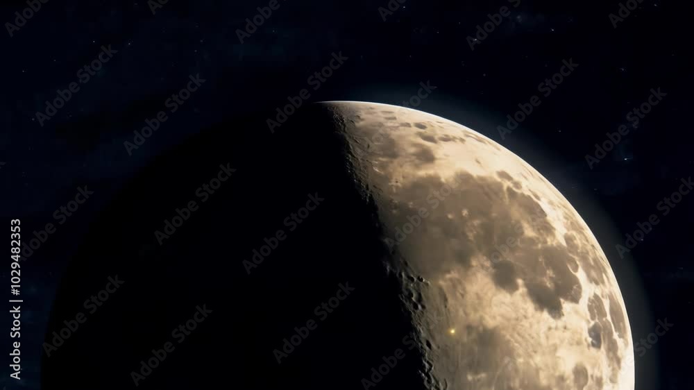 Poster Breathtaking view of the moon, with its craters and surface details illuminated by the distant sun, creating a stark contrast against the blackness of space