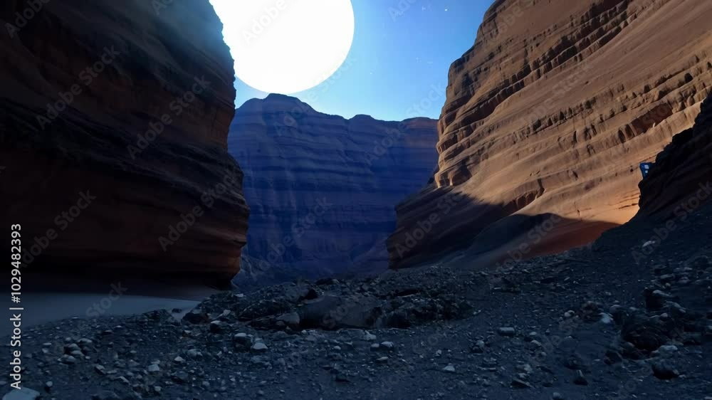 Poster narrow canyon with steep walls and rocky ground is illuminated by the last light of the setting sun,
