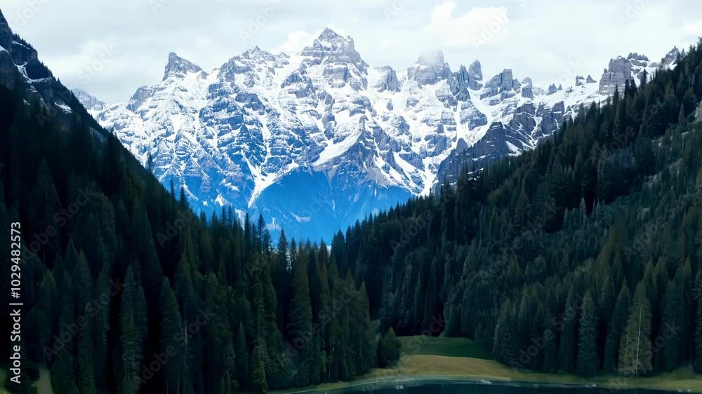 Poster serene scene with a dark green forest reflected in a blue lake, snowy mountains in the distance. nat