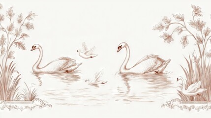 Obraz premium Two Swans Swimming in a Pond with Lily Pads and a Bird Flying Overhead