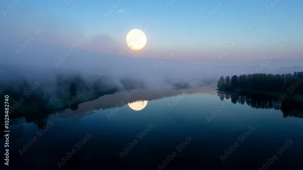 Aufkleber full moon is rising over a misty lake, creating a beautiful reflection on the water's surface. the s