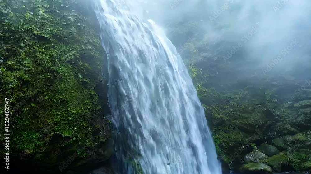 Poster water cascading down moss covered rocks in a serene nature landscape with a beautiful waterfall, sur