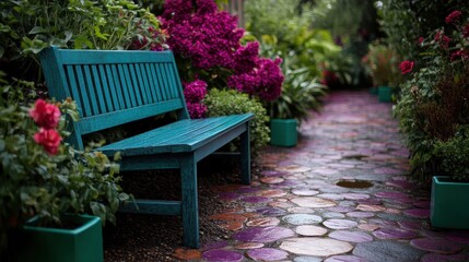 Obraz premium A vivid garden path lined with lush, vibrant flowers and a teal wooden bench, creating a picturesque setting that exudes charm and natural beauty.