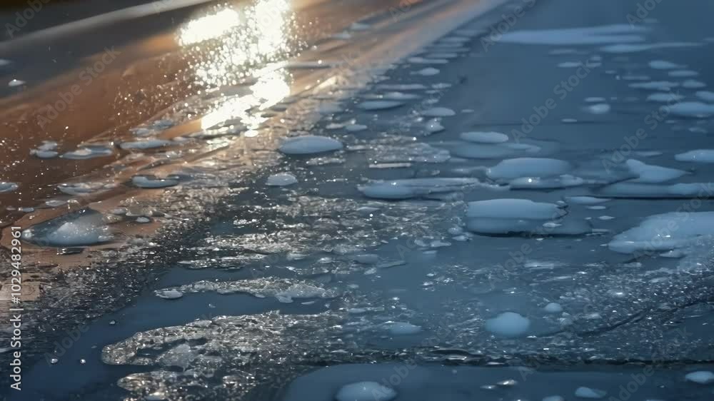 Poster sun reflecting on frozen water, creating abstract ice pattern with golden sunset light and blue hues