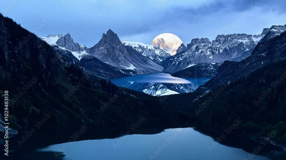 Poster The full moon is rising over a snow capped mountain range with its reflection shimmering on the surface of a clear blue lake