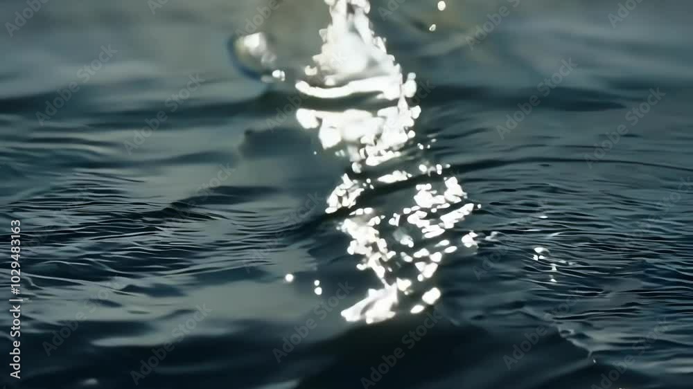 Poster Sunlight reflecting on water creates abstract shapes, shimmering and sparkling. Ripples and waves add texture to a serene scene, perfect for a tranquil setting