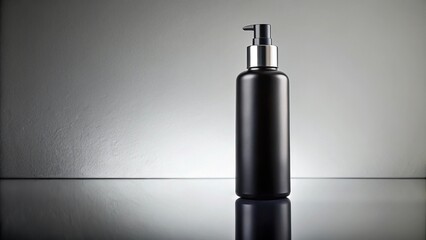 Reflected black cosmetic bottle on white surface against grey background