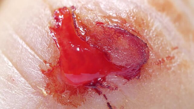 Injury to middle finger of right hand with bleeding. Flayed skin, red blood and lymphatic fluid flows from wound. 4K macro shot zoom-out video