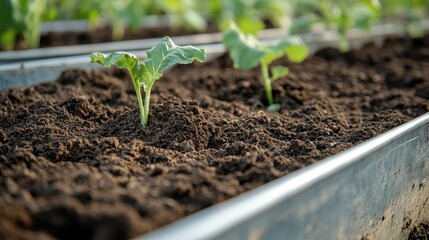 This image features tender green seedlings sprouting amidst dark, nutrient-rich soil, embodying themes of growth, renewal, and the potential for life in simplicity.