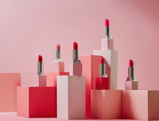 lipsticks, beauty products, makeup, cosmetics display on pink background