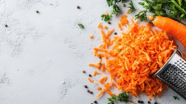 A vibrant pile of grated carrots lies next to a metal grater on a clean white surface, featuring fresh carrot tops and black pepper scattered around.