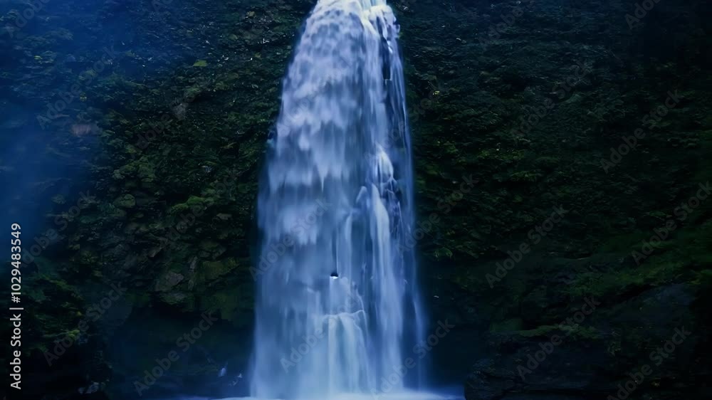Poster water plunges down a mossy cliff face, creating a powerful display of nature's beauty and strength. 