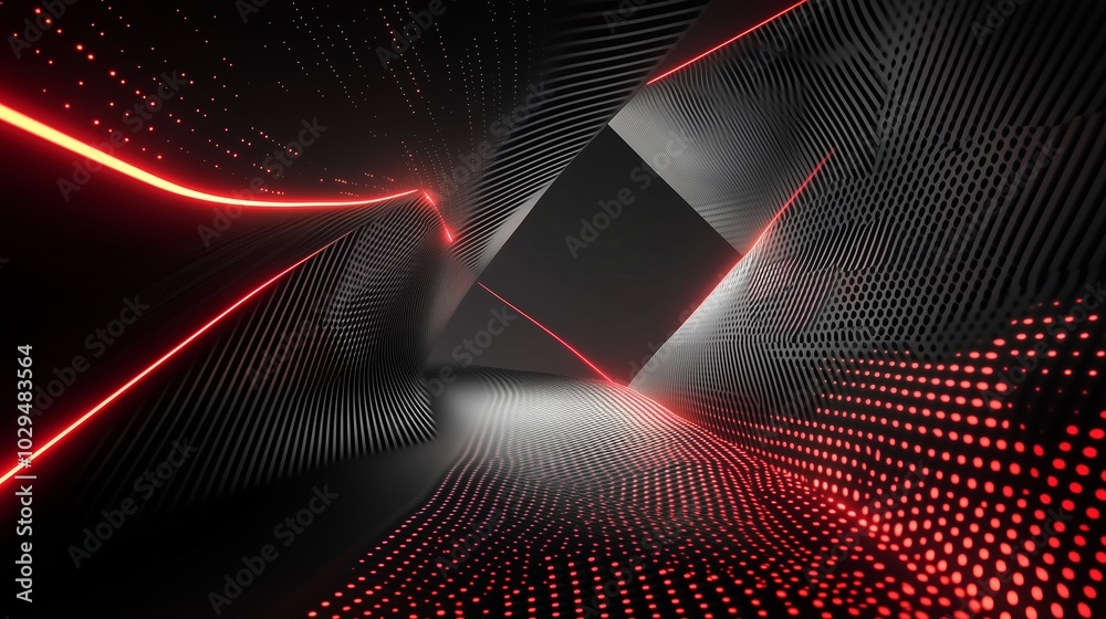 Poster dynamic abstract corridor with red light patterns creating a futuristic atmosphere in a dark space