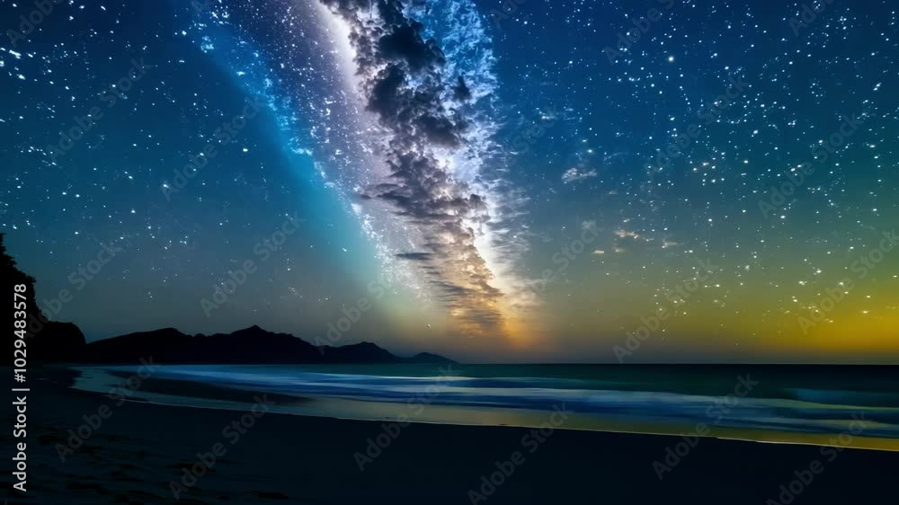 Poster The milky way galaxy shines over the ocean waves at twilight, creating a stunning and tranquil scene with colorful skies and celestial wonders