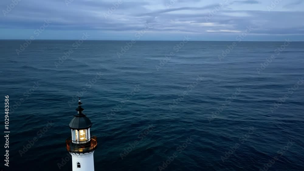 Poster Lighthouse beaming light at dusk over the ocean, with a tranquil evening sky and crashing waves