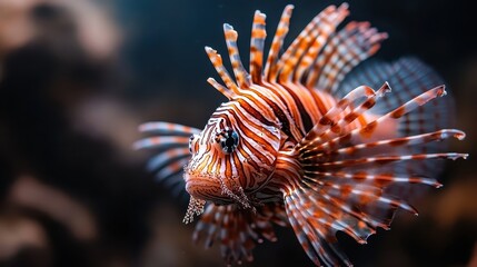 A striking lionfish glides effortlessly through clear waters, its striped body and majestic fins creating an impression of elegance in the ocean depths.