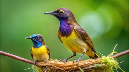 Fototapeta premium Symmetrical image of a brown throated sunbird and its cub