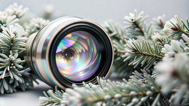 amera Lens with Reflections Surrounded by Pine Branches