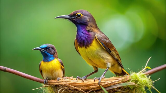 Symmetrical image of a brown throated sunbird and its cub