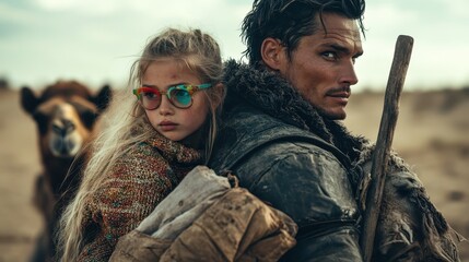 Fototapeta premium A girl in colorful glasses is protectively embraced by a rugged man in a leather jacket with a camel, in a stark desert, conveying safety and resilience.