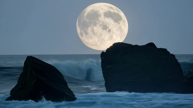 Breathtaking supermoon is rising above the ocean horizon, casting a magical glow on the waves crashing against the dark silhouettes of rocks
