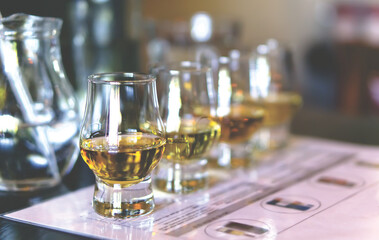Close up short of a single malt whisky glass tasting, Selective focus