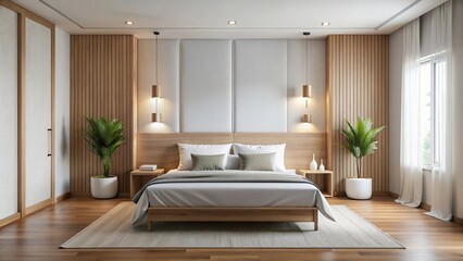 Symmetrical minimalist bedroom with white bedding wooden accents soft natural lighting