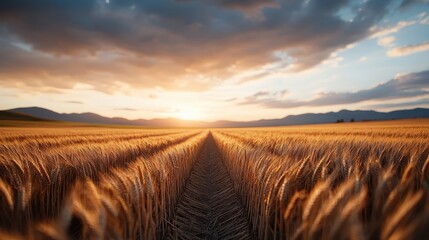 Obraz premium An endless view of golden wheat fields stretches towards the horizon beneath a dramatic sky, bathed in the golden hues of the setting sun, symbolizing abundance.