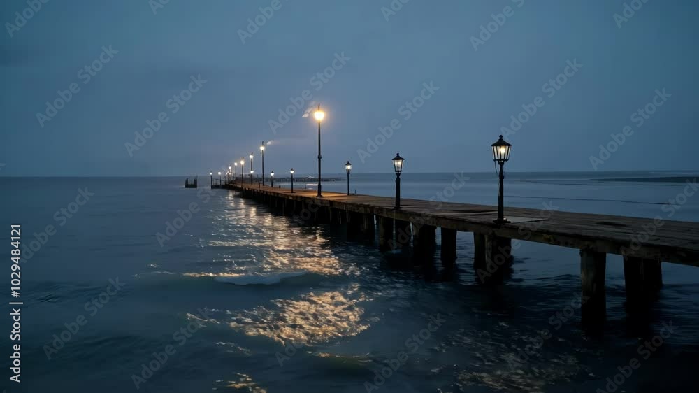 Poster serene wooden pier extends over calm ocean waters at twilight, illuminated by lampposts, creating a 