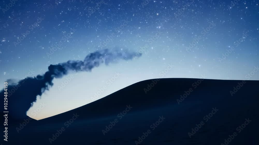 Poster Peaceful desert landscape at dusk with a single cloud drifting in the starry sky above sand dunes, creating a serene and tranquil scene with a gradient of colors from orange to blue