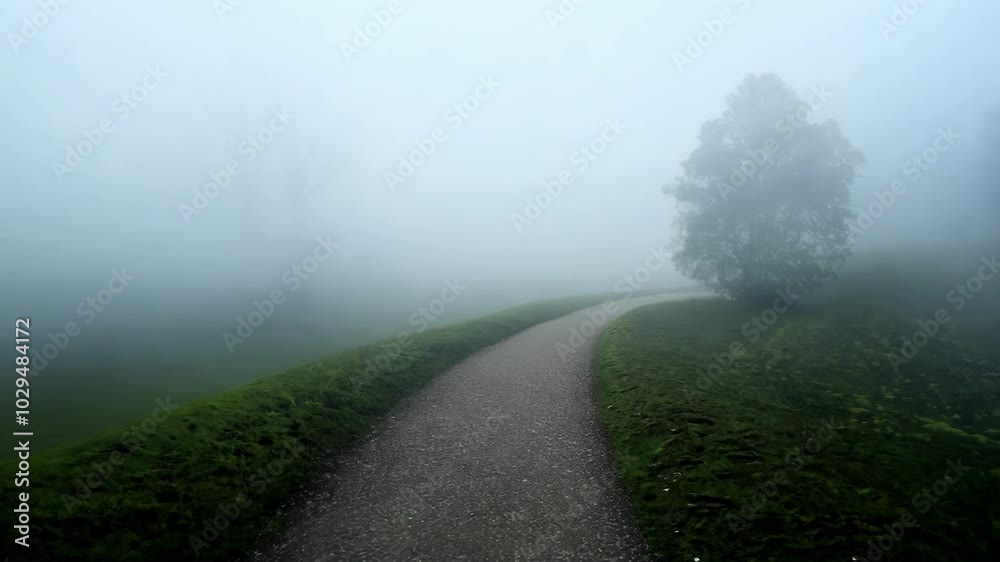 Poster Foggy park path leads to a solitary tree in a misty morning, creating a mysterious and eerie atmosphere