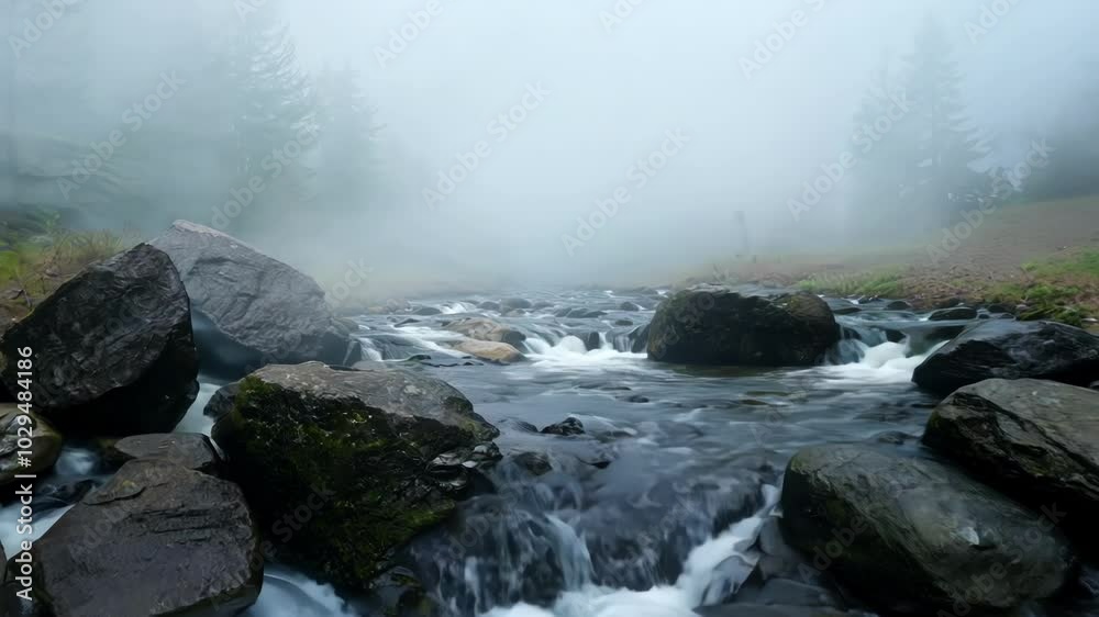 Aufkleber tranquil mountain river flows over smooth rocks, surrounded by fog and lush forest, creating a seren