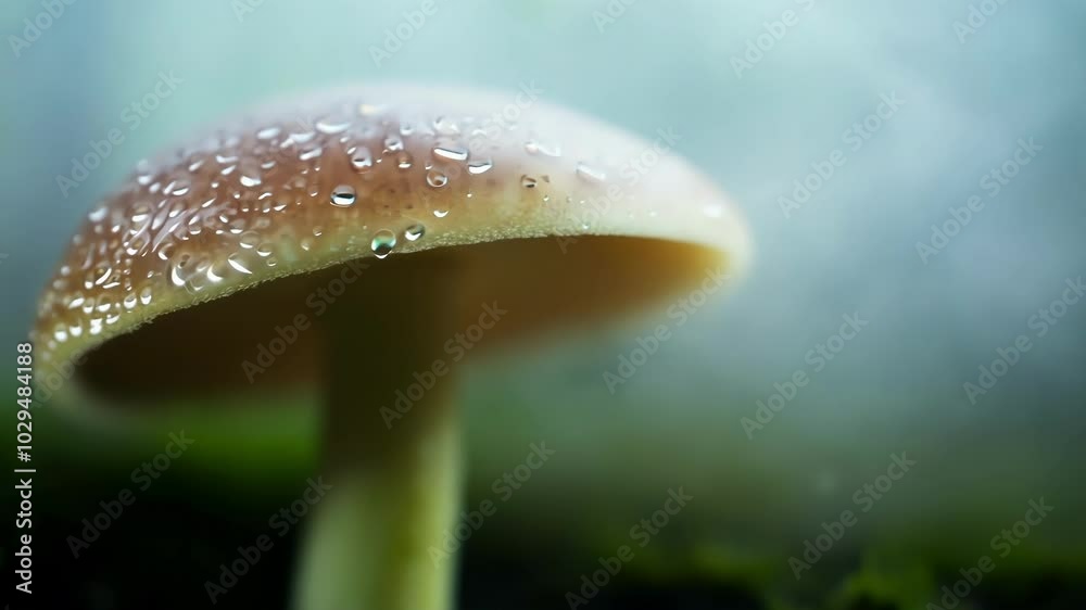 Aufkleber single mushroom is growing on the forest floor with water droplets forming on the cap from humidity.