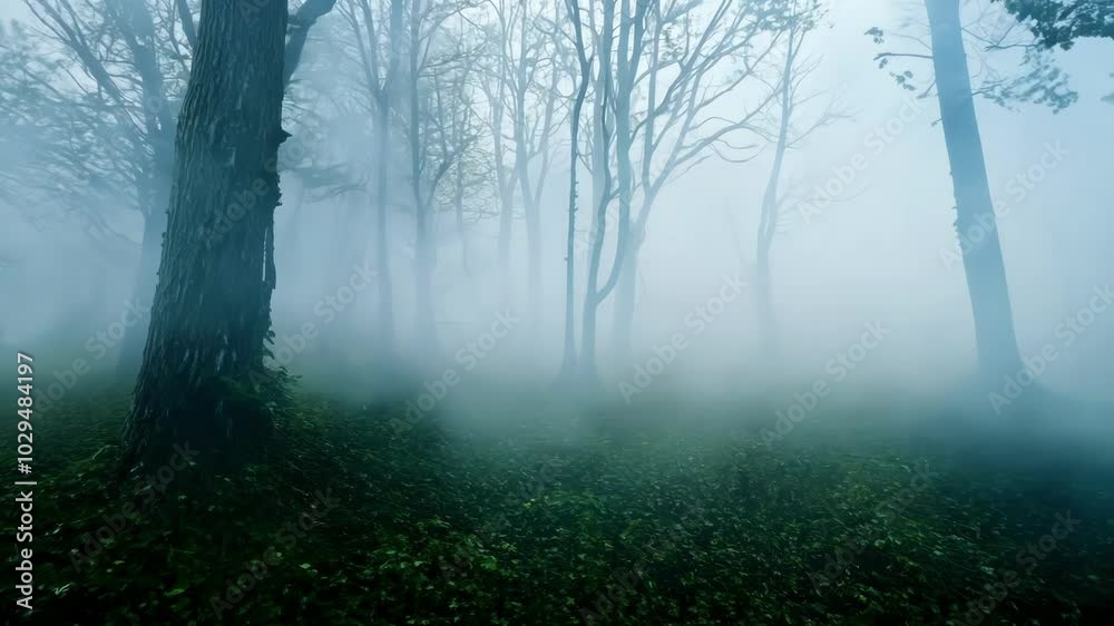 Poster fog is swallowing the forest floor covered with lush green vegetation. tall trees are disappearing i