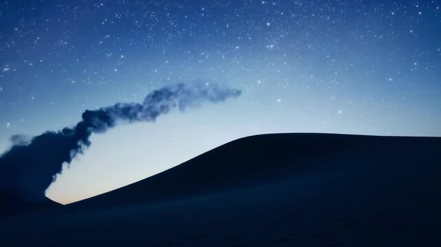 Peaceful desert landscape at dusk with a single cloud drifting in the starry sky above sand dunes, creating a serene and tranquil scene with a gradient of colors from orange to blue