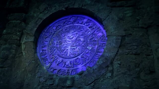 Intricate ancient mayan carving is glowing blue in a dark stone temple ruin, suggesting the presence of powerful magic