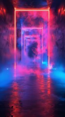 Naklejka premium Vibrant neon lit corridor with fog creating an atmospheric effect in an urban setting