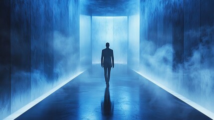 Fototapeta premium A man strolls through a dimly lit hall, enveloped by blue haze and towering smokestacks