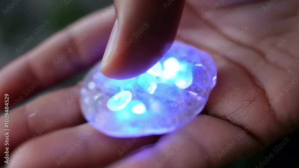 Poster captivating hand holds glowing blue resin art piece, creating magical effect. innovative design evok