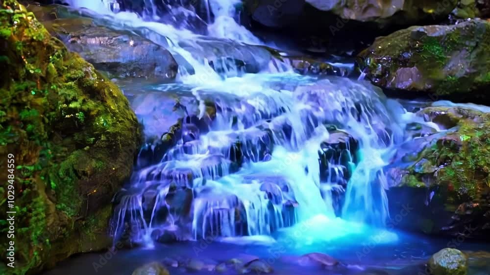 Poster Water is cascading over moss covered rocks in a colorful forest scene. Light is illuminating the water and rocks creating a magical scene
