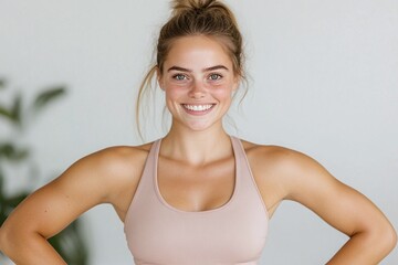Fototapeta premium Confident young woman with dark hair in a mauve sports bra, smiling indoors against a soft white background, creating a relaxed and fitness-oriented atmosphere with copy space.