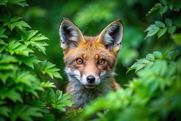 Fototapeta premium Symmetrical red fox peeking through dense foliage in green forest bush