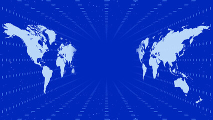 Blue news background with white world map and lines tunnel pattern blue background