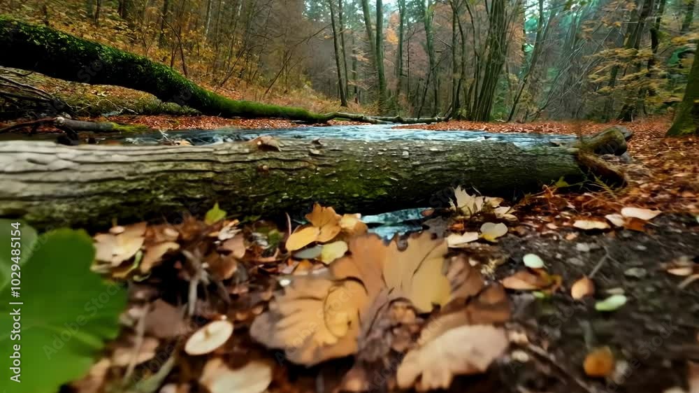 Poster fallen tree trunk covered in green moss stretches over a forest stream with autumn leaves, creating 