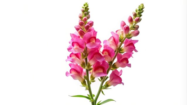 Symmetrical single stem with pink flowers of snapdragon Antirrhinum majus isolated