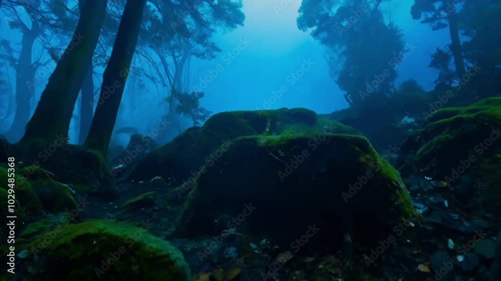 Poster thriving green moss on rocks in shadowy forest path, creating eerie, enchanted atmosphere with light